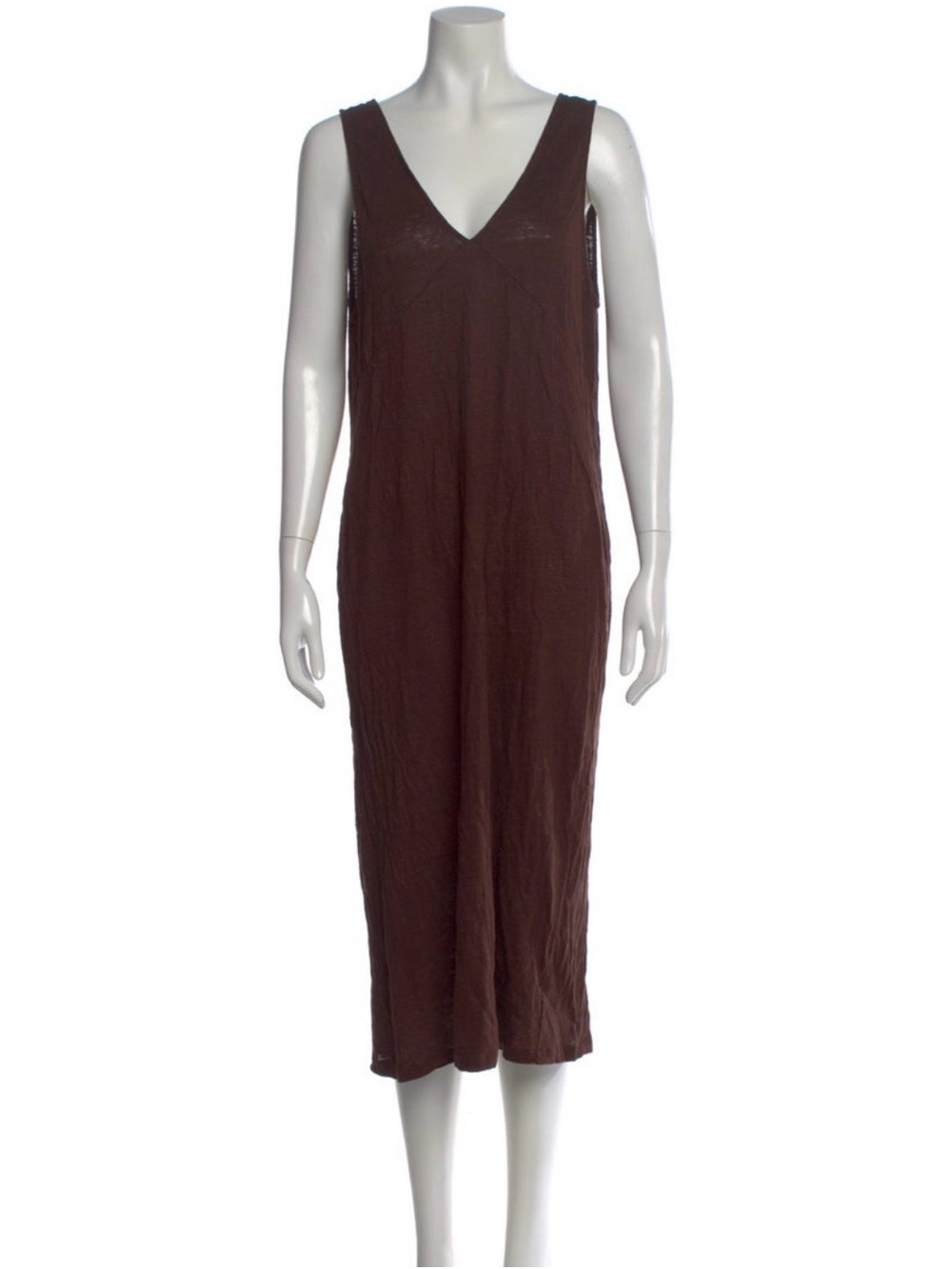 Deiji Studios Brown Linen V-Neck Sleeveless Midi Dress